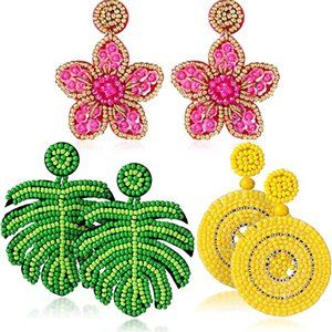 Women Colorful Statement Bead Earrings Beaded Tropical Assorted Handmade Flower